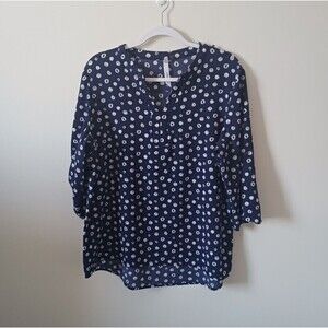 NY Collection Womens Blouse Blue White Polka Dots Long‎ Sleeve V Neck XL